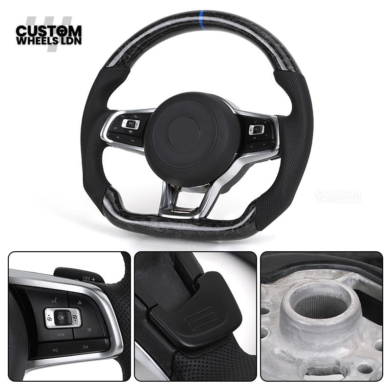 Volkswagen MK7 Custom Steering Wheel – Forged Carbon with Blue Centre Stripe & Perforated Leather Grips | Fits Golf GTI, R, Scirocco + more | Plug & Play Upgrade