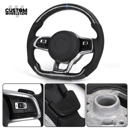 Volkswagen MK7 Custom Steering Wheel – Forged Carbon with Blue Centre Stripe & Perforated Leather Grips | Fits Golf GTI, R, Scirocco + more | Plug & Play Upgrade