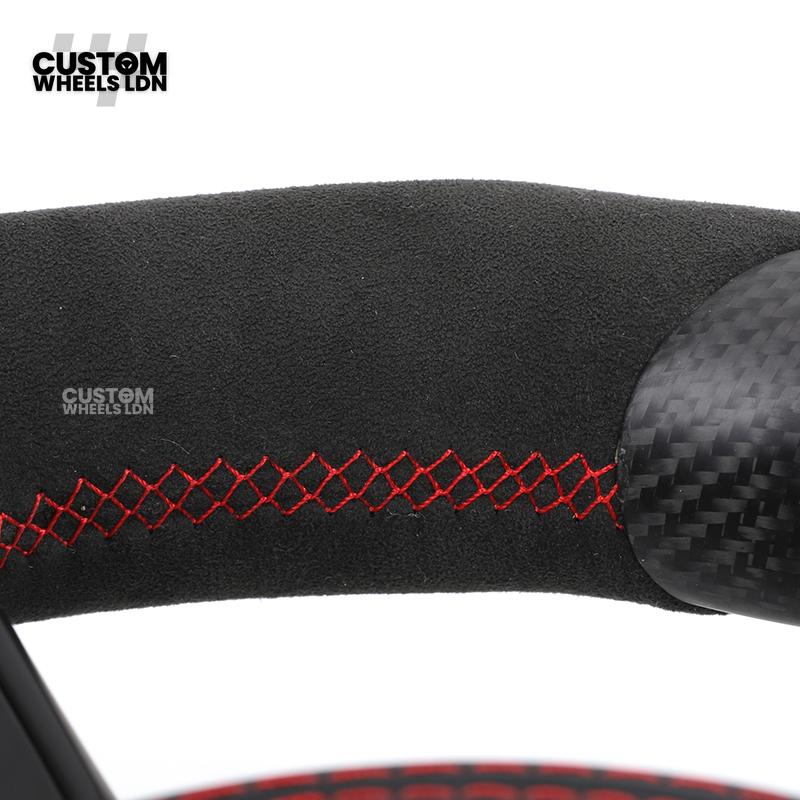 Mercedes Custom AMG Steering Wheel Flat Bottom Alcantara + Satin Carbon | Red Stitching & Marker | Complete Retrofit | Fits C-Class, E-Class, GLC, CLA, GLS, W205, W213, W222 + more