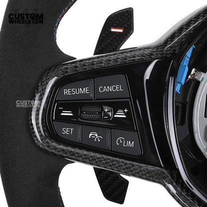 BMW Custom LCI-Style Flat Bottom Steering Wheel – Alcantara, Carbon Fibre Trims, M-Coloured Stitching, Red M Buttons, Carbon Paddles | Fits G80 M3, G82 M4, G20 3 Series, G22 4 Series, G30 5 Series + more | Plug & Play | Retrofit Upgrade for Older Models