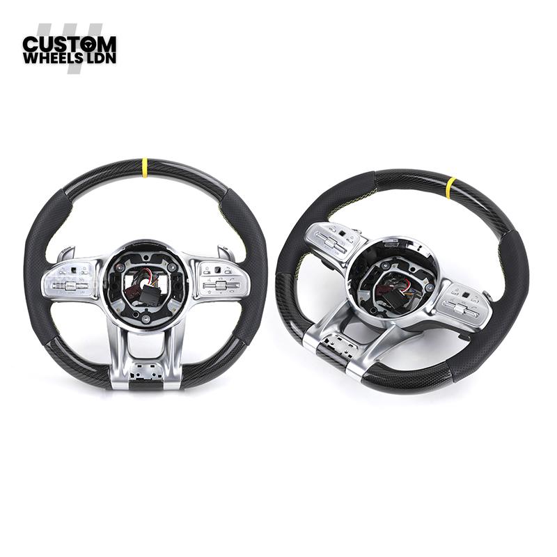 Mercedes Custom AMG Steering Wheel Carbon & Black Leather | Yellow Racing Stripe | AMG Style | Paddle Shifters | Complete Retrofit | Fits A-Class, C-Class, E-Class, GLC, CLA, W176, W205 + more