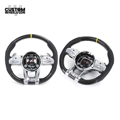 Mercedes Custom AMG Steering Wheel Carbon & Black Leather | Yellow Racing Stripe | AMG Style | Paddle Shifters | Complete Retrofit | Fits A-Class, C-Class, E-Class, GLC, CLA, W176, W205 + more