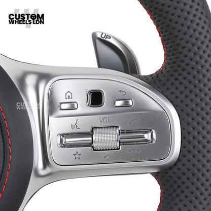 Mercedes Custom AMG Flat Bottom Steering Wheel – Black Leather, Red Stitching, Red Stripe, Silver Trim, Touch Buttons, Silver Paddles, AMG Badge | Fits C-Class, E-Class, CLS, GLC, GLE, G-Class + more | Plug & Play | Retrofit Upgrade for Older Models