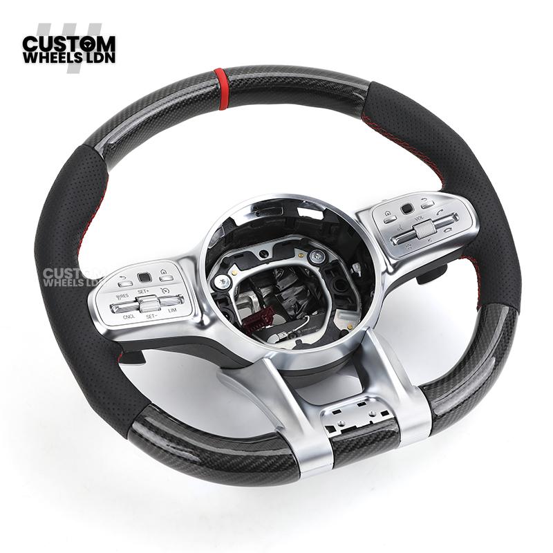 Mercedes Custom AMG Steering Wheel Carbon & Black Leather | Red Centre Stripe | AMG Style | Paddle Shifters | Complete Retrofit | Fits A-Class, C-Class, E-Class, GLC, CLA, W176, W205 + more