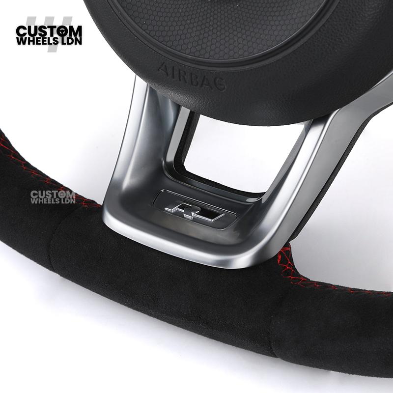 Volkswagen Custom Steering Wheel – Alcantara Top & Bottom, Perforated Leather Grips, Red Stripe, Flat Bottom, OEM Buttons | Fits Golf MK7/7.5, GTI, R, Polo + more | Plug & Play Upgrade