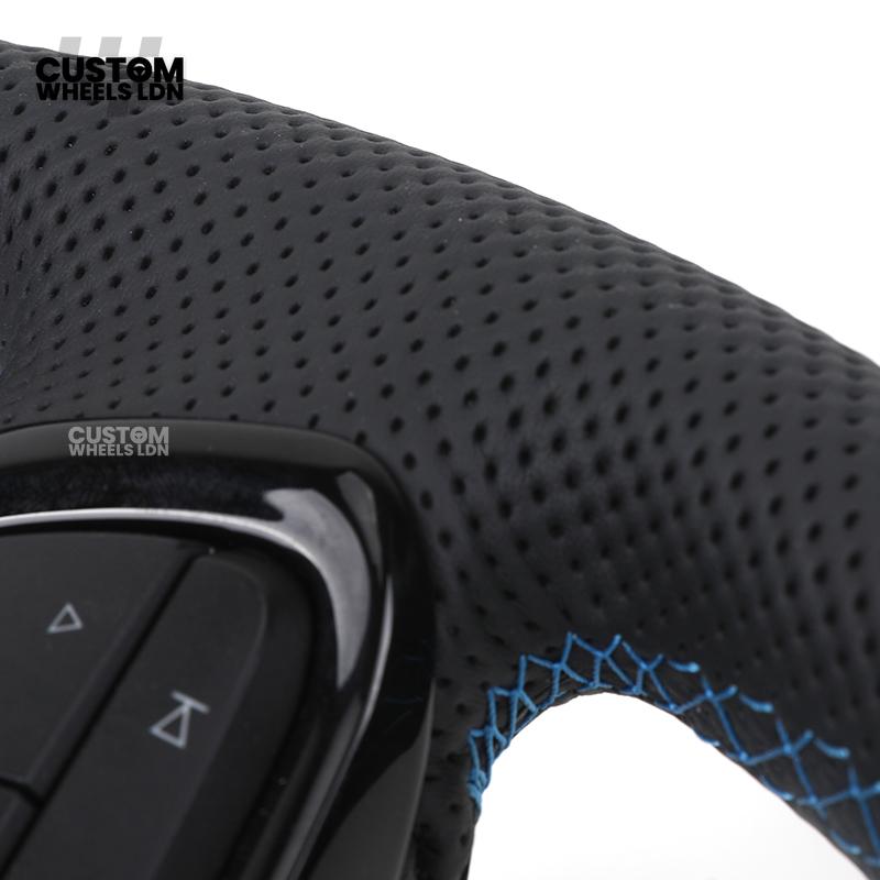 Volkswagen Custom Steering Wheel – Alcantara & Perforated Leather, Blue Centre Stripe, Flat Bottom, OEM Buttons | Fits Golf GTI, R, Polo, Passat + more | Plug & Play Retrofit Upgrade