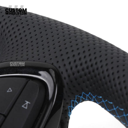 Volkswagen Custom Steering Wheel – Alcantara & Perforated Leather, Blue Centre Stripe, Flat Bottom, OEM Buttons | Fits Golf GTI, R, Polo, Passat + more | Plug & Play Retrofit Upgrade