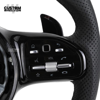Mercedes Custom AMG Flat Bottom Steering Wheel – Black Leather, Smooth Top & Bottom, Piano Black Trim, Touch Control Buttons, AMG Badge | Fits C-Class, E-Class, CLS, GLC, GLE, G-Class + more | Plug & Play | Retrofit Upgrade for Older Models