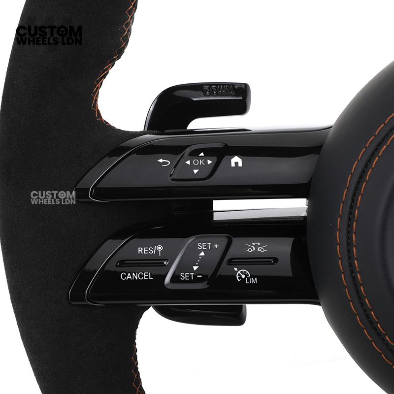 Mercedes Custom W223 AMG Flat Bottom Steering Wheel – Black Leather & Alcantara, Tan Stitching, Gloss Black Trim, Black Badge, Touch Buttons | Fits GLE, GLS, G-Class, W223, S-Class + more | Plug & Play | With Airbag | Upgrade for older models available