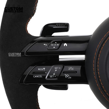 Mercedes Custom W223 AMG Flat Bottom Steering Wheel – Black Leather & Alcantara, Tan Stitching, Gloss Black Trim, Black Badge, Touch Buttons | Fits GLE, GLS, G-Class, W223, S-Class + more | Plug & Play | With Airbag | Upgrade for older models available