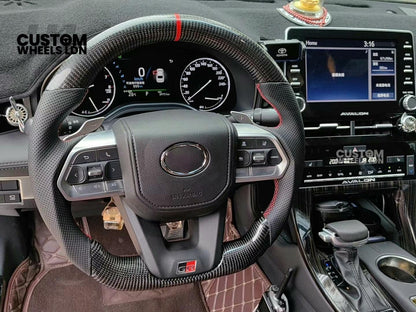 Toyota Custom GR Steering Wheel – Carbon Fiber, Flat Bottom, Red Center Stripe, Perforated Grips | Fits Yaris GR, Corolla GR + More | Plug & Play | Sporty Upgrade with Paddle Cutouts | Track-Inspired Retrofit