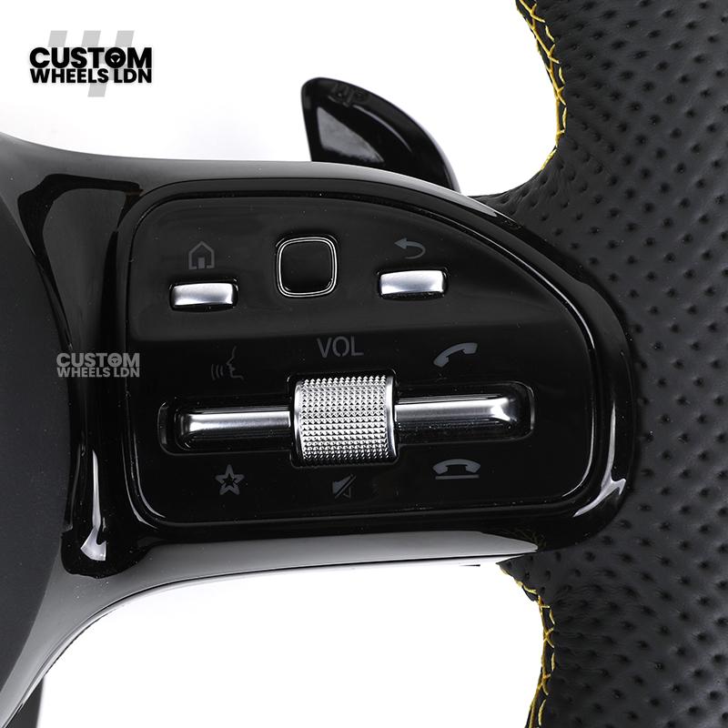 Mercedes Custom AMG Flat Bottom Steering Wheel – Black Leather, Yellow Stitching & Stripe, Piano Black Trim, Touch Control Buttons, AMG Badge | Fits C-Class, E-Class, CLS, GLC, GLE, G-Class + more | Plug & Play | Retrofit Upgrade for Older Models