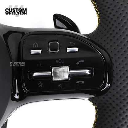 Mercedes Custom AMG Flat Bottom Steering Wheel – Black Leather, Yellow Stitching & Stripe, Piano Black Trim, Touch Control Buttons, AMG Badge | Fits C-Class, E-Class, CLS, GLC, GLE, G-Class + more | Plug & Play | Retrofit Upgrade for Older Models