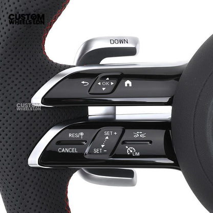 Mercedes Custom W223 AMG Flat Bottom Steering Wheel – Carbon Top & Bottom, Red Center Stripe, Perforated Grips, Silver Paddles, Touch Control Buttons | Fits C63, E63, S63, GLE, GLS, W223 + more | Plug & Play | With Airbag | Retrofit Upgrade for Older Mode