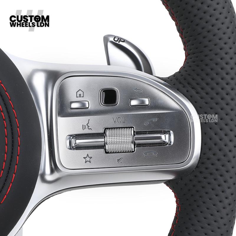 Mercedes Custom AMG Steering Wheel – Silver Trim, Red Race Stripe, Red Stitching, Perforated Leather Grip | Complete Wheel with Airbag | Plug & Play | Retrofit Available for Older Models | Fits C-Class, E-Class, GLC, W205, W213, CLA + More