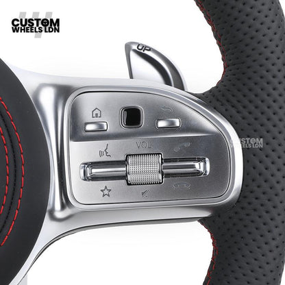 Mercedes Custom AMG Steering Wheel – Silver Trim, Red Race Stripe, Red Stitching, Perforated Leather Grip | Complete Wheel with Airbag | Plug & Play | Retrofit Available for Older Models | Fits C-Class, E-Class, GLC, W205, W213, CLA + More
