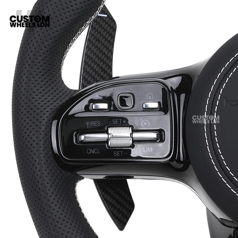 Mercedes Custom AMG Steering Wheel Carbon Fibre & Piano Black | White Stitching | AMG Style | Paddle Shifters | Complete Retrofit | Fits W205, W176, W213, A-Class, C-Class, CLA + more