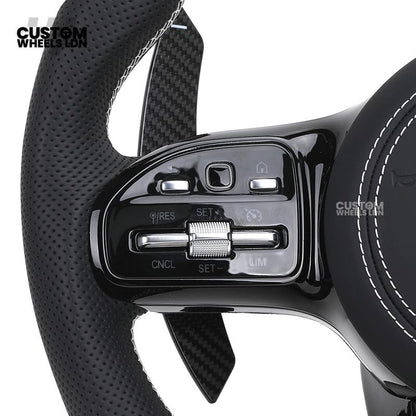 Mercedes Custom AMG Steering Wheel Carbon Fibre & Piano Black | White Stitching | AMG Style | Paddle Shifters | Complete Retrofit | Fits W205, W176, W213, A-Class, C-Class, CLA + more
