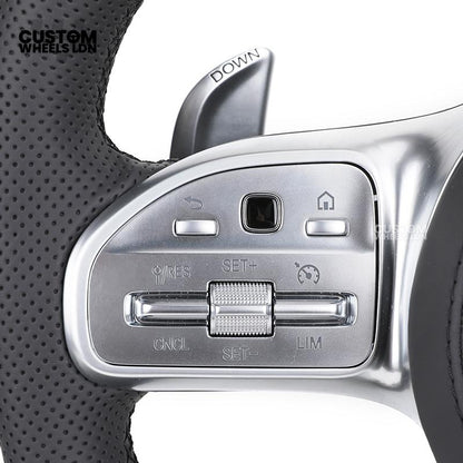 Mercedes Custom Steering Wheel | AMG Style Carbon & Leather | Full Black with Silver Trim | Complete Retrofit for Older Models | Fits W204 W212 W218 + more
