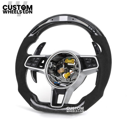 Porsche Custom LED-Lenkrad aus geschmiedetem Carbon mit abgeflachter Unterseite – passend für die meisten Modelle: 911, Cayenne, Panamera, Macan, Boxter, Taycan und mehr)