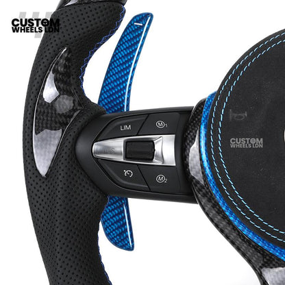 BMW Custom Carbon Fibre Steering Wheel – Blue Trim & Paddles | M Performance | Perforated Leather | Plug & Play | Fits F20, F22, F30, F32, F36, M2, M3, M4, X1, X2 + more