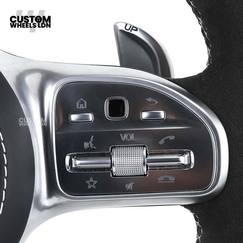 Mercedes Custom AMG Flat Bottom Steering Wheel – Black Leather & Alcantara, White Stripe, Silver Trim, Touch Control Buttons, Silver Paddles | Fits C-Class, E-Class, CLS, GLC, GLE, G-Class + more | Plug & Play | Retrofit Upgrade for Older Models