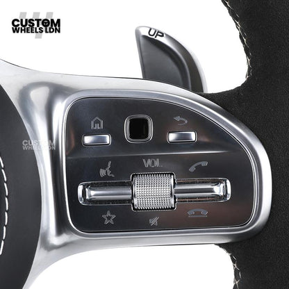 Mercedes Custom AMG Flat Bottom Steering Wheel – Black Leather & Alcantara, White Stripe, Silver Trim, Touch Control Buttons, Silver Paddles | Fits C-Class, E-Class, CLS, GLC, GLE, G-Class + more | Plug & Play | Retrofit Upgrade for Older Models