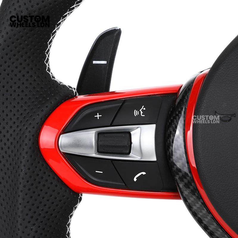 BMW Custom Carbon Fibre Steering Wheel – Red Trim | Perforated Leather | M Stripe | Plug & Play | Fits 1 Series F20, 2 Series F22, 3 Series F30, 4 Series F32, M2, M3, M4, X1 F48, X2 F39, Z4 G29 + more