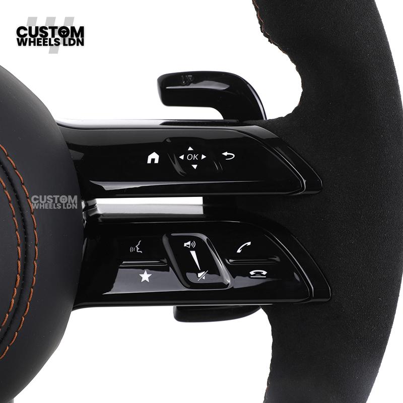 Mercedes Custom W223 AMG Flat Bottom Steering Wheel – Black Leather & Alcantara, Tan Stitching, Gloss Black Trim, Black Badge, Touch Buttons | Fits GLE, GLS, G-Class, W223, S-Class + more | Plug & Play | With Airbag | Upgrade for older models available