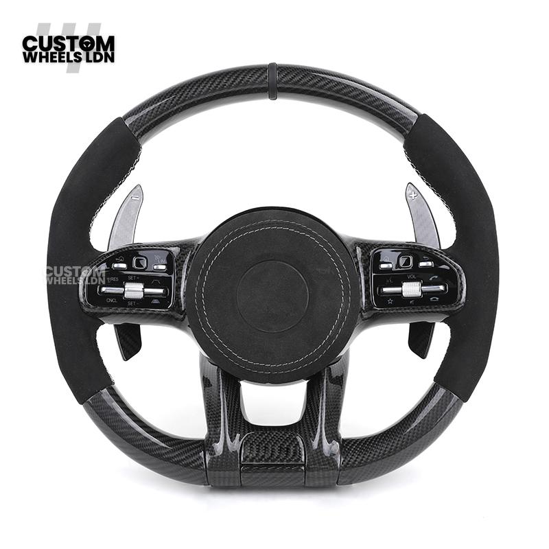 Mercedes Custom AMG Steering Wheel Flat Bottom Alcantara + Carbon Fiber | Red Stitching & Marker | Complete Retrofit | Fits G-Class, C-Class, E-Class, CLA, GLC, GLS, W205, W213 + more
