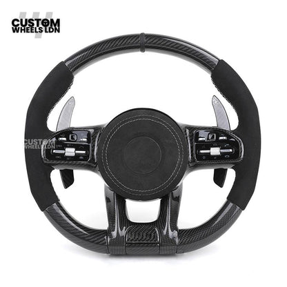Mercedes Custom AMG Steering Wheel Flat Bottom Alcantara + Carbon Fiber | Red Stitching & Marker | Complete Retrofit | Fits G-Class, C-Class, E-Class, CLA, GLC, GLS, W205, W213 + more