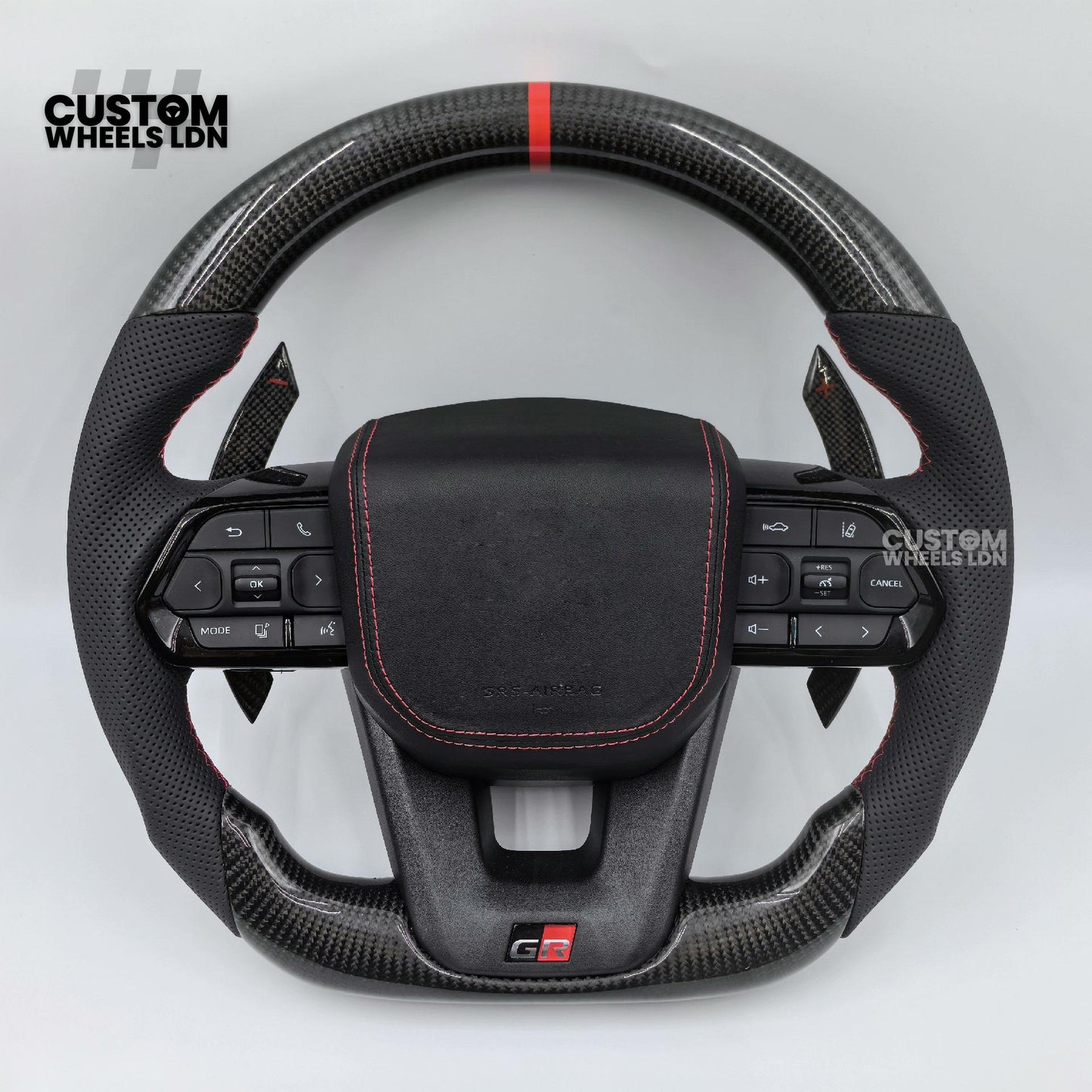 Toyota Custom GR Steering Wheel – Carbon Fiber, Flat Bottom, Red Center Stripe, Perforated Grips | Fits Yaris GR, Corolla GR + More | Plug & Play | Sporty Upgrade with Paddle Cutouts | Track-Inspired Retrofit