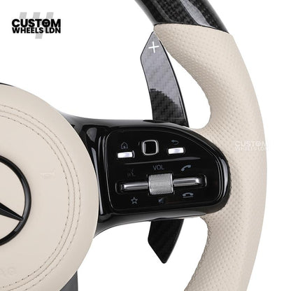 Mercedes Custom Steering Wheel | Piano Black & Carbon Fibre with Cream Leather & Beige Stripe | AMG Style | Complete Retrofit | Fits W205 W204 W212 W213 W218 + more