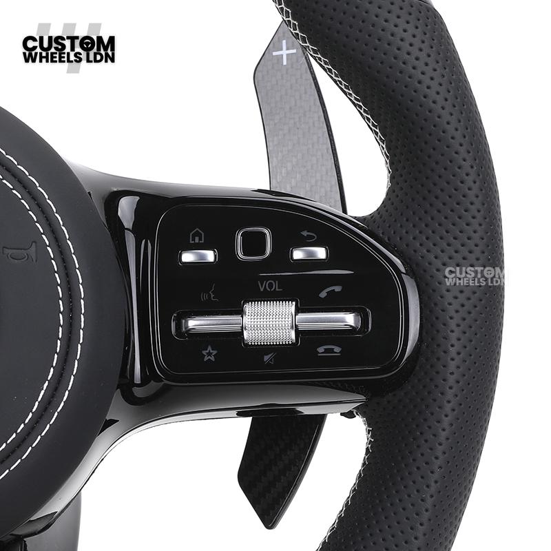 Mercedes Custom AMG Steering Wheel Carbon Fibre & Piano Black | White Stitching | AMG Style | Paddle Shifters | Complete Retrofit | Fits W205, W176, W213, A-Class, C-Class, CLA + more