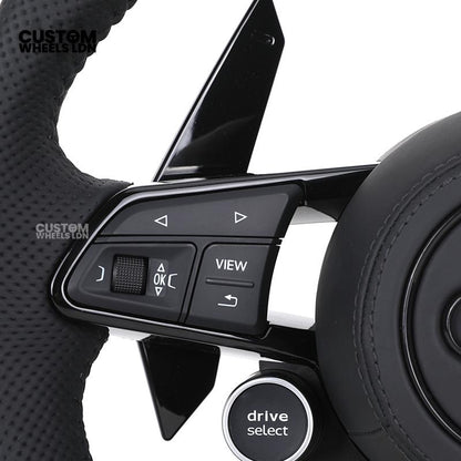 Audi Custom R8-Style Flat Bottom Steering Wheel – Black Leather, Black Stitching, Gloss Black Paddles, Start Button | Fits A4, A5, S5, A6, A7, S6, S7, Q5, SQ5 + more | Plug & Play | With Airbag | Upgrade for Older Models Available