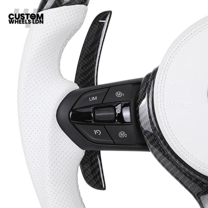 BMW Custom Carbon Fibre Steering Wheel – White Perforated Leather | M-Stripe Marker | Plug & Play | Fits older models