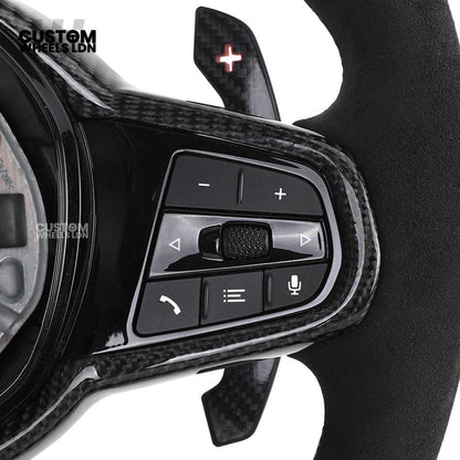 BMW Custom LCI-Style Flat Bottom Steering Wheel – Alcantara, Carbon Fibre Trims, M-Coloured Stitching, Red M Buttons, Carbon Paddles | Fits G80 M3, G82 M4, G20 3 Series, G22 4 Series, G30 5 Series + more | Plug & Play | Retrofit Upgrade for Older Models