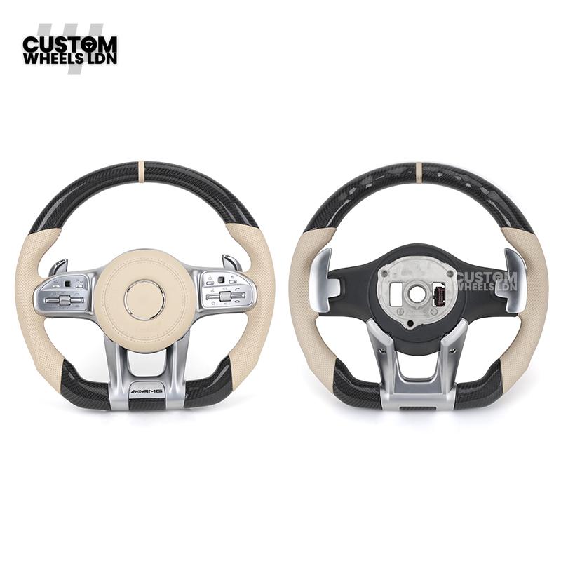 Mercedes Custom Steering Wheel | AMG Style Carbon Fibre with Beige Leather & Stripe | Silver Paddles | Complete Retrofit for Older Models | Fits W205 W204 W212 W213 W218 W207 + more