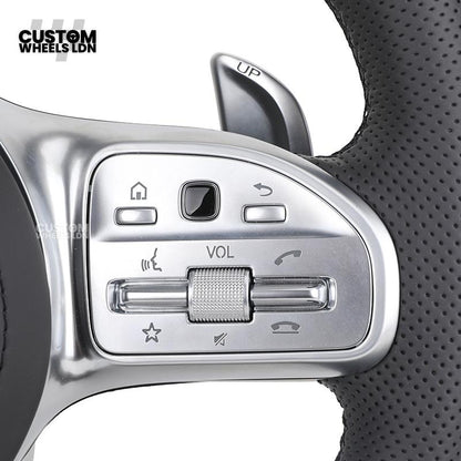 Mercedes Custom Steering Wheel | AMG Style Carbon & Leather | Full Black with Silver Trim | Complete Retrofit for Older Models | Fits W204 W212 W218 + more