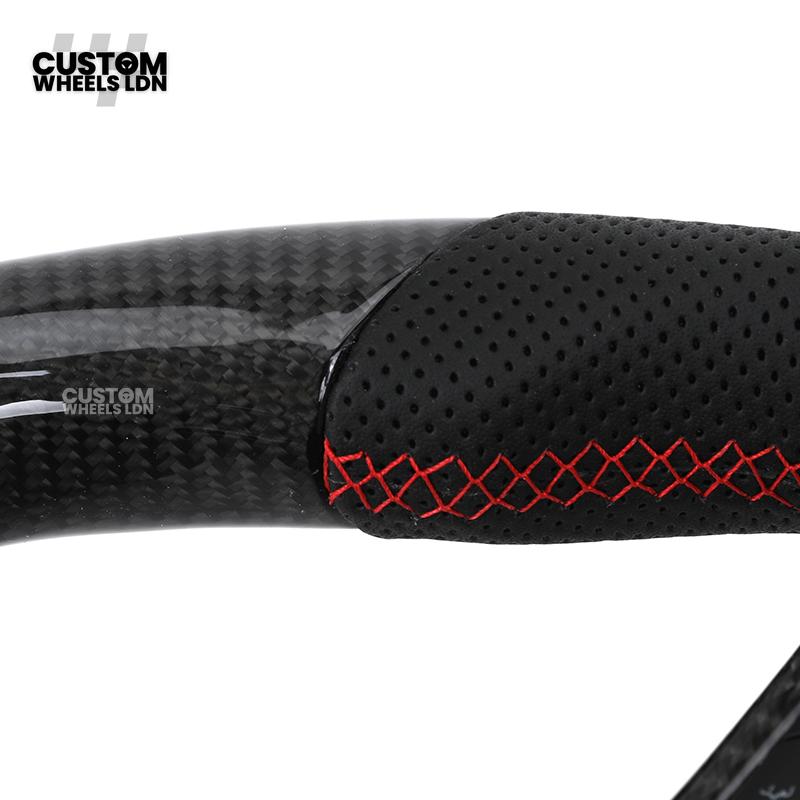 Volkswagen MK7 Custom Steering Wheel – Carbon Fibre with Red Centre Stripe, Perforated Leather Grips | Fits Golf GTI, R, Scirocco + more | Plug & Play