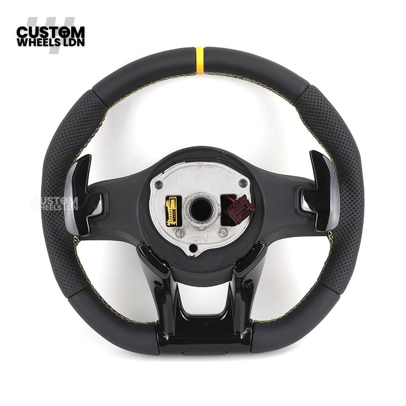 Mercedes Custom AMG Flat Bottom Steering Wheel – Black Leather, Yellow Stitching & Stripe, Piano Black Trim, Touch Control Buttons, AMG Badge | Fits C-Class, E-Class, CLS, GLC, GLE, G-Class + more | Plug & Play | Retrofit Upgrade for Older Models