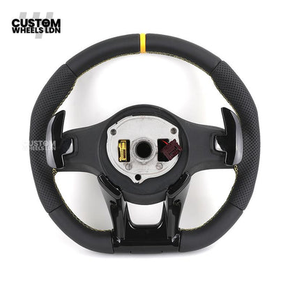 Mercedes Custom AMG Flat Bottom Steering Wheel – Black Leather, Yellow Stitching & Stripe, Piano Black Trim, Touch Control Buttons, AMG Badge | Fits C-Class, E-Class, CLS, GLC, GLE, G-Class + more | Plug & Play | Retrofit Upgrade for Older Models