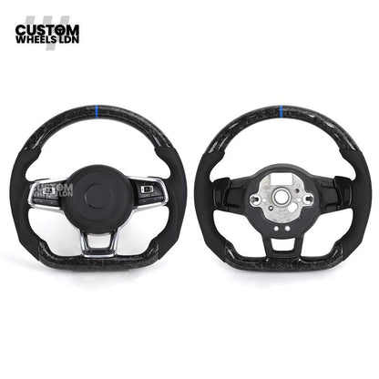 Volkswagen MK7 Custom Steering Wheel – Forged Carbon with Blue Centre Stripe & Perforated Leather Grips | Fits Golf GTI, R, Scirocco + more | Plug & Play Upgrade