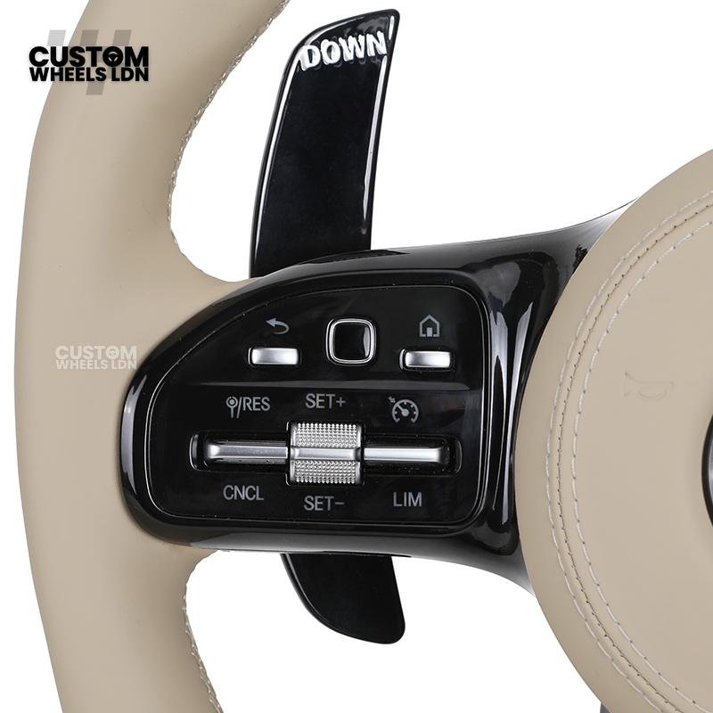 Mercedes Custom Steering Wheel | AMG Style Piano Black with Beige Leather & Stripe | Silver Paddles | Complete Retrofit for Older Models | Fits W205 W204 W212 W213 W218 W207 + more