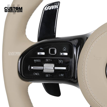 Mercedes Custom Steering Wheel | AMG Style Piano Black with Beige Leather & Stripe | Silver Paddles | Complete Retrofit for Older Models | Fits W205 W204 W212 W213 W218 W207 + more