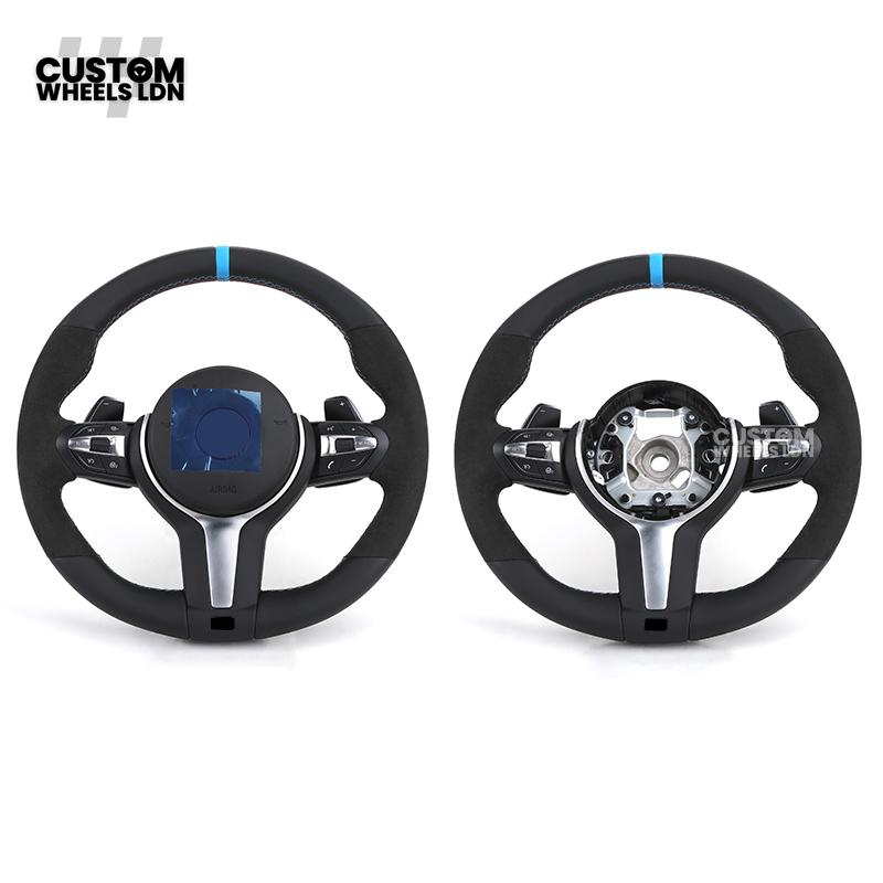 BMW Custom Flat Bottom Steering Wheel – Smooth Leather & Alcantara with Blue Center Stripe | Fits F20 F22 F30 F32 F36 F10 F06 F13 X1 X3 X4 X5 X6 + More
