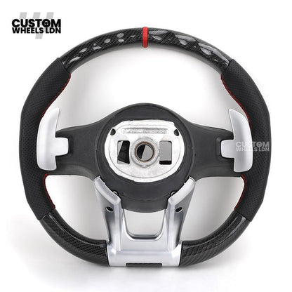 Mercedes Custom AMG Steering Wheel Carbon & Black Leather | Red Centre Stripe | AMG Style | Paddle Shifters | Complete Retrofit | Fits A-Class, C-Class, E-Class, GLC, CLA, W176, W205 + more