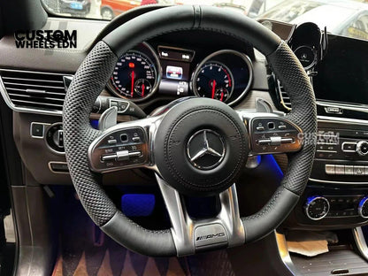 Mercedes Custom AMG Flat Bottom Steering Wheel – Full Black Leather, Black Stripe, Silver Trim, Touch Control Buttons, Silver Paddles, AMG Badge | Fits C-Class, E-Class, CLS, GLC, GLE, G-Class + more | Plug & Play | Retrofit Upgrade for Older Models