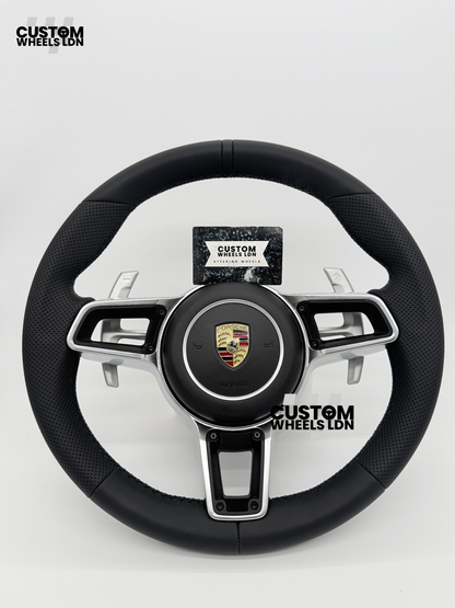 Porsche Custom OEM Steering Wheel – Smooth & Perforated Leather, Silver Trims, OEM Paddles | Fits 991, 997, 987, Cayman, Boxster, Macan, Cayenne + more | Plug & Play | With Airbag | Upgrade for Older Models Available