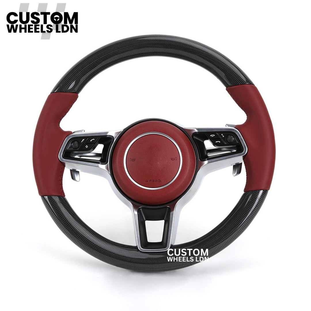 Porsche Custom Carbon Fibre with Red Leather OEM Steering Wheel - Fits Most Models: 911, Cayenne, Panamera, Macan, Boxter, Taycan & More